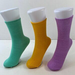 Womens Crew Socks Set 3 Solid Ribbed Texture Green Mustard Yellow Purple